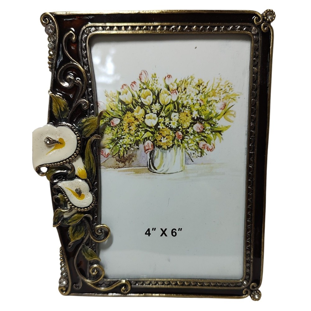 Metal Tone‎ Enamel Frame Rhinestone Calla Lily Vine Decorative Picture Photo 4x6